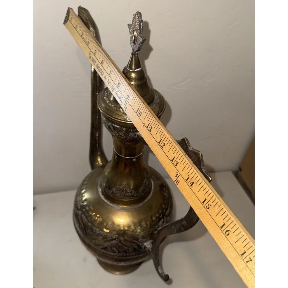 VTG LARGE HEAVY Brass Etched Aftaba Pot Ewer Pitcher 22